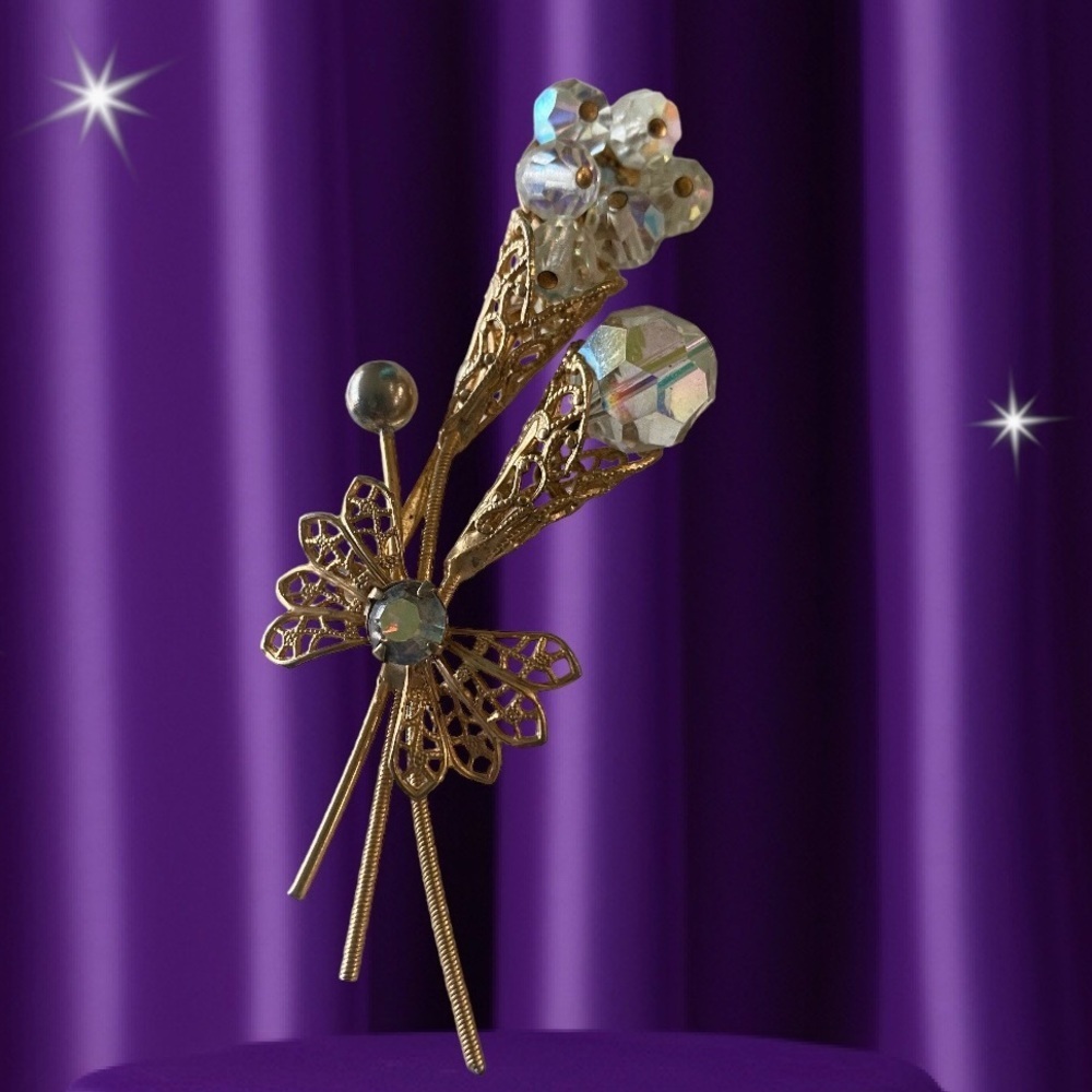 Swarovski Crystal Gold Floral Filagree Brooch